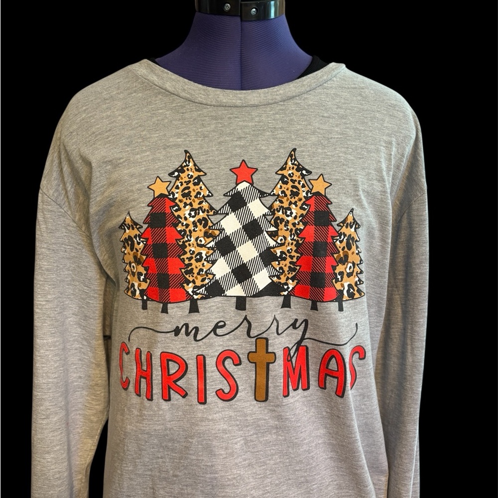 Christmas Long Sleeve T-Shirt Christian Cross Plaid Women’s 3X